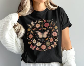 Comfort colors Vintage Inspired Butterfly and Floral Circle Tee, Graphic Nature T-Shirt, Botanical Art Inspired Shirt, Floral Butterfly Tee