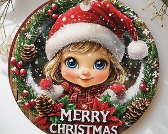 Cute Christmas Ornament, Chibi Girl Santa Hat Holiday Decor, Rustic Woodland Festive Tree Decoration, Merry Xmas Family Gift