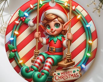Cute Elf Christmas Ornament, Whimsical Holiday Decor, Adorable Festive Elf on Swing, Merry Christmas Tree Decoration Gift
