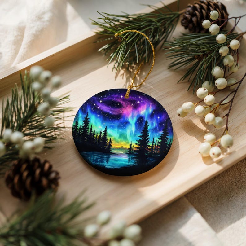 Northern Lights Ornament, Hand Painted Christmas Decor, Winter Wonderland, Unique Tree Decoration, Holiday Gift Idea