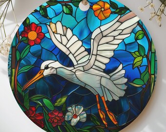 Stained Glass Crane Ornament, Faux Glass Stork Bird Holiday Decor, Coastal Bird Lover Gift, Botanical Nature Christmas Tree Keepsake