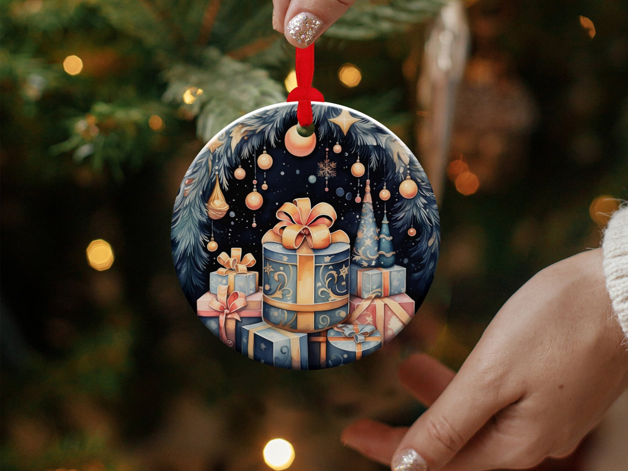 Pendentif De Noël En Céramique Ronde – Motifs De Drapeaux Variés – Décoration Festive Pour Sapin, Porte, Cadeau – Avec Corde Métallique Dorée