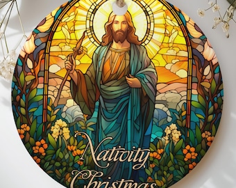 Stained Glass Jesus Ornament, Religious Nativity Christmas Tree Decor, Christian Holiday Keepsake Gift for Catholic Faith and Church