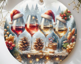 Wine Lover Christmas Ornament, Holiday Wine Glass Tree Decor, Cute Santa Hat Wine Tasting Xmas Keepsake, Hostess Gift, Wine Mom Decor