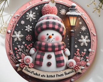 Pink Buffalo Plaid Snowman Christmas Ornament, Snowflakes Kisses from Heaven Cozy Winter Holiday Decor, Cute Family Gift