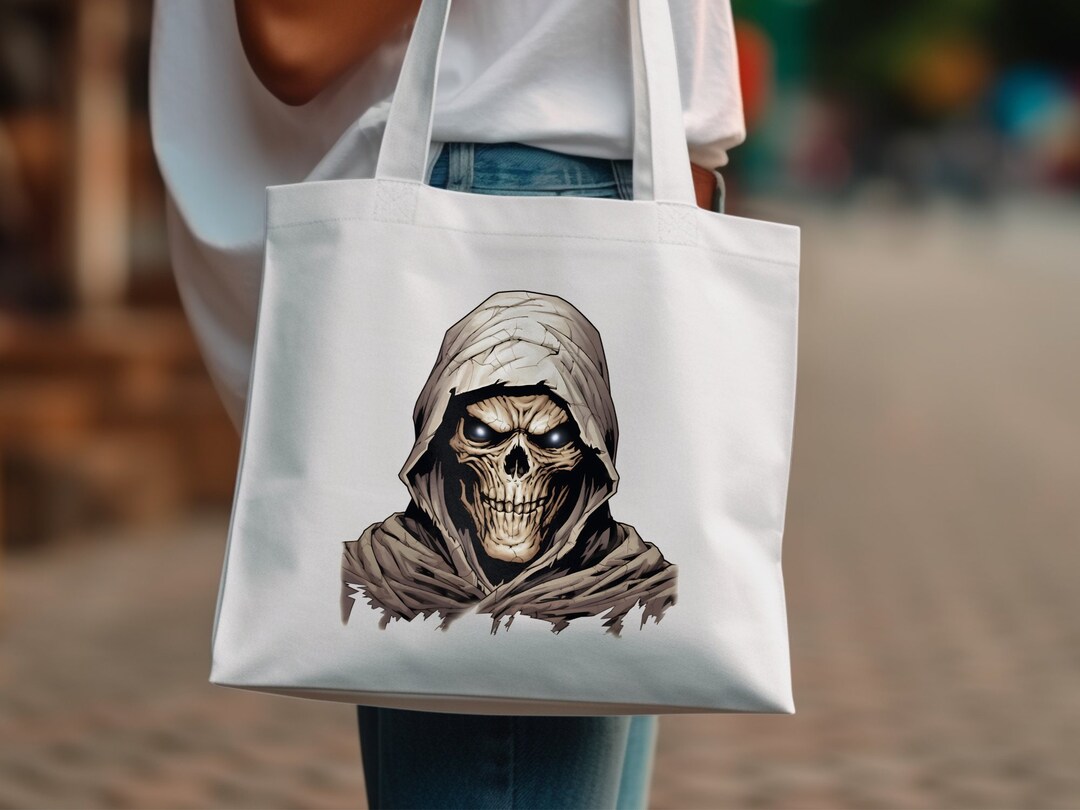 Sack Reaper Scary Skeleton Design Tote Bag, Grim Reaper Theme Tote, Halloween Skull ...