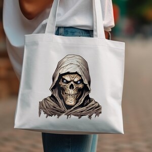 Scary Skeleton Design Tote Bag, Grim Reaper Theme Tote, Halloween Skull Art Bag, Dark Horror Tote Bag, Gothic Style Shopping Bag