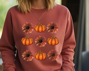 Halloween Sweatshirt Comfort colors, Pumpkin and flowers shirt, Halloween autumn shirt, womens halloween shirt long sleeve