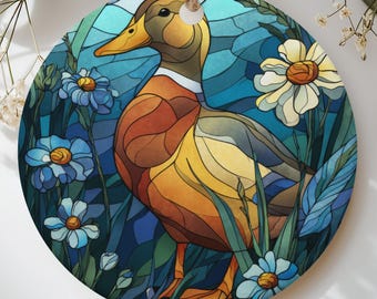 Stained Glass Duck Ornament, Cute Mallard Bird Decor, Cottagecore Wildflower Wildlife Holiday Keepsake, Faux Stained Glass Nature Lover Gift