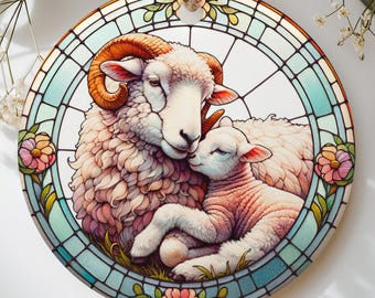 Stained Glass Sheep Ornament, Mother and Baby Lamb Farmhouse Tree Decor, Cottagecore Farm Animal Keepsake, Sweet Gift for Mom