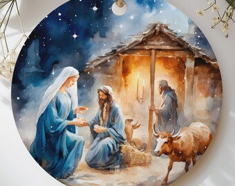 Nativity Scene Christmas Ornament, Watercolor Holy Family Xmas Tree Decor, Christian Religious Keepsake Gift, Jesus Birth Holiday Keepsake