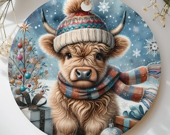 Highland Cow Christmas Ornament, Cute Winter Calf Farmhouse Tree Decor, Scottish Cattle Holiday Gift, Rustic Animal Keepsake