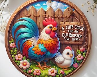 Cute Rooster and Chick Ornament | Whimsical Farmhouse Decor | Rustic Country Animal Art | Family Housewarming Gift | Farm Life Lover Present