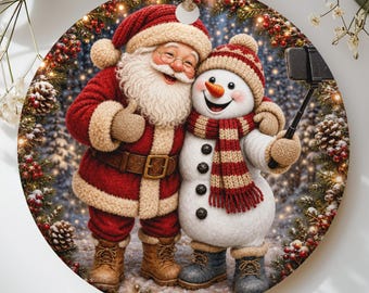 Funny Santa Snowman Selfie Christmas Ornament, Cute Cozy Winter Holiday Tree Decor, Whimsical Secret Santa Gift, Festive Keepsake Decoration