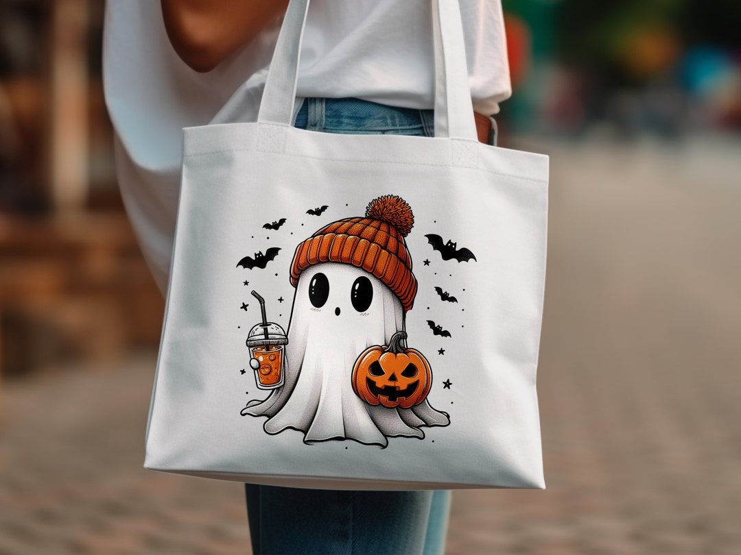 Halloween Canvas Tote Bag For Women - Aesthetic Spooky Season Hand Drawn Reusable Shopping Bag