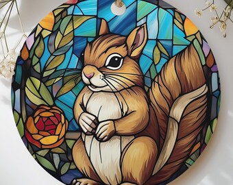 Stained Glass Squirrel Ornament, Woodland Animal Christmas Decor, Cute Squirrel Lover Gift, Faux Glass Tree Hanging Holiday Keepsake