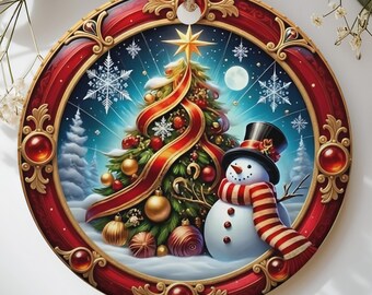 Classic Christmas Tree Ornament | Festive Snowman Winter Wonderland Decor | Ornate Faux Gold Holiday Bauble | Unique Family Gift