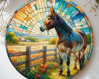 Stained Glass Mule Ornament, Rustic Donkey Farmhouse Tree Decor, Country Farm Animal Holiday Gift for Equine Lover, Sunburst Art Keepsake