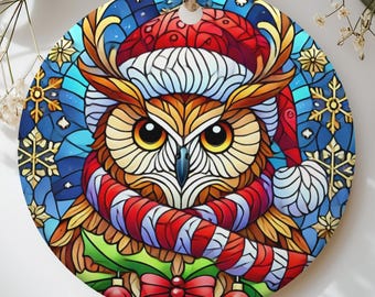 Stained Glass Owl Christmas Ornament, Festive Woodland Bird Holiday Decor, Cute Winter Santa Owl Tree Hanging Keepsake, Bird Lover Xmas Gift