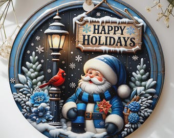 Happy Holidays Santa Claus Ornament, Blue Winter Wonderland Christmas Decor, Festive Tree Hanger, Cozy Holiday Gift Idea
