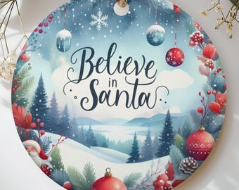 Believe in Santa Christmas Ornament, Watercolor Winter Landscape Holiday Tree Decor, Vintage Xmas Keepsake, Nostalgic Secret Santa Gift