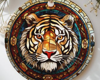 Stained Glass Tiger Ornament, Faux Glass Wildlife Art Suncatcher Tiger Decor, Wild Cat Tree Decoration, Unique Big Cat Lover Gift for Him
