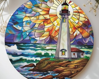 Stained Glass Lighthouse Ornament, Coastal Ocean Beach House Christmas Keepsake, Printed Nautical Suncatcher Gift for Sea Lover