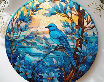 Stained Glass Bluebird Ornament, Nature Bird Suncatcher Tree Decor, Faux Stained Glass Birdwatcher Gift for Mom, Floral Bird Keepsake