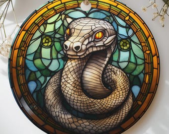 Stained Glass Snake Ornament, Gothic Serpent Holiday Tree Decor, Faux Suncatcher Reptile Gift, Dark Academia Witchy Christmas Ornament
