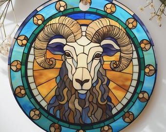 Stained Glass Aries Ornament, Ram Zodiac Astrology Suncatcher Gift, Celestial Horoscope Bauble, Faux Stained Glass Wildlife Holiday Decor