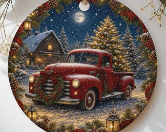Vintage Red Truck Christmas Ornament, Rustic Farmhouse Tree Decor, Country Holiday Barn Scene, Winter Wonderland Truck Gift for Family