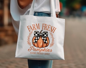 Frische Kürbisse am Bauernhof, Halloween Kürbis Einkaufstasche, Handverlesenes tägliches Design, Herbst Bauernmarkt Tasche, Herbst Ernte Tasche