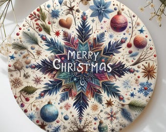 Merry Christmas Ornament Vintage Folk Art Holiday Tree Decor, Botanical Snowflake Bauble Keepsake Gift, Cottagecore Winter Christmas Decor