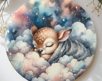 Sleeping Deer Ornament, Woodland Baby Shower Gift, Cute Fawn Christmas Tree Decor, Dreamy Nursery Keepsake, Watercolor Animal Holiday Gift