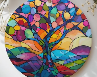 Stained Glass Tree Ornament, Colorful Tree of Life Christmas Ornament, Mosaic Nature Suncatcher Art Keepsake, Vibrant Boho Holiday Gift