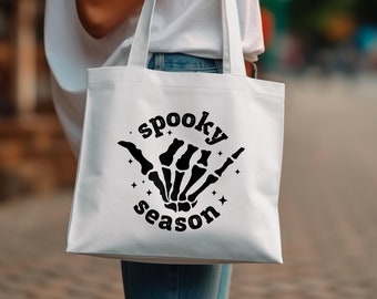 Spooky Season Halloween Tote Bag, Skeleton Hand Design, Reusable Shopping Bag, Eco-Friendly Tote, Gothic Style Tote Bag, Gift Idea
