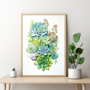 Aquarell Sukkulenten Wandbild, Botanischer Druck, Aquarell Pflanzenposter, Grün Kunst, Poster Sukkulente, Hauswurz Wandkunst, Wanddekoration