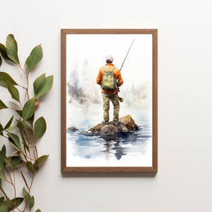Wall picture angler at the lake, fisherman, watercolor picture fishing, angler life print, gift idea angler, watercolor picture maritime, digital download