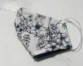 Modern Cotton Handmade Face Masks, Black and white floral print, cherry blossoms