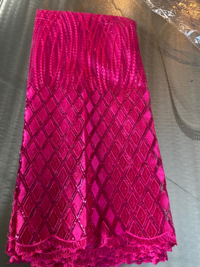 5 Yards African lace Fabric, African lace fabric, Embroidered Pink lace, Nigerian lace, Magenta lace Bild 13