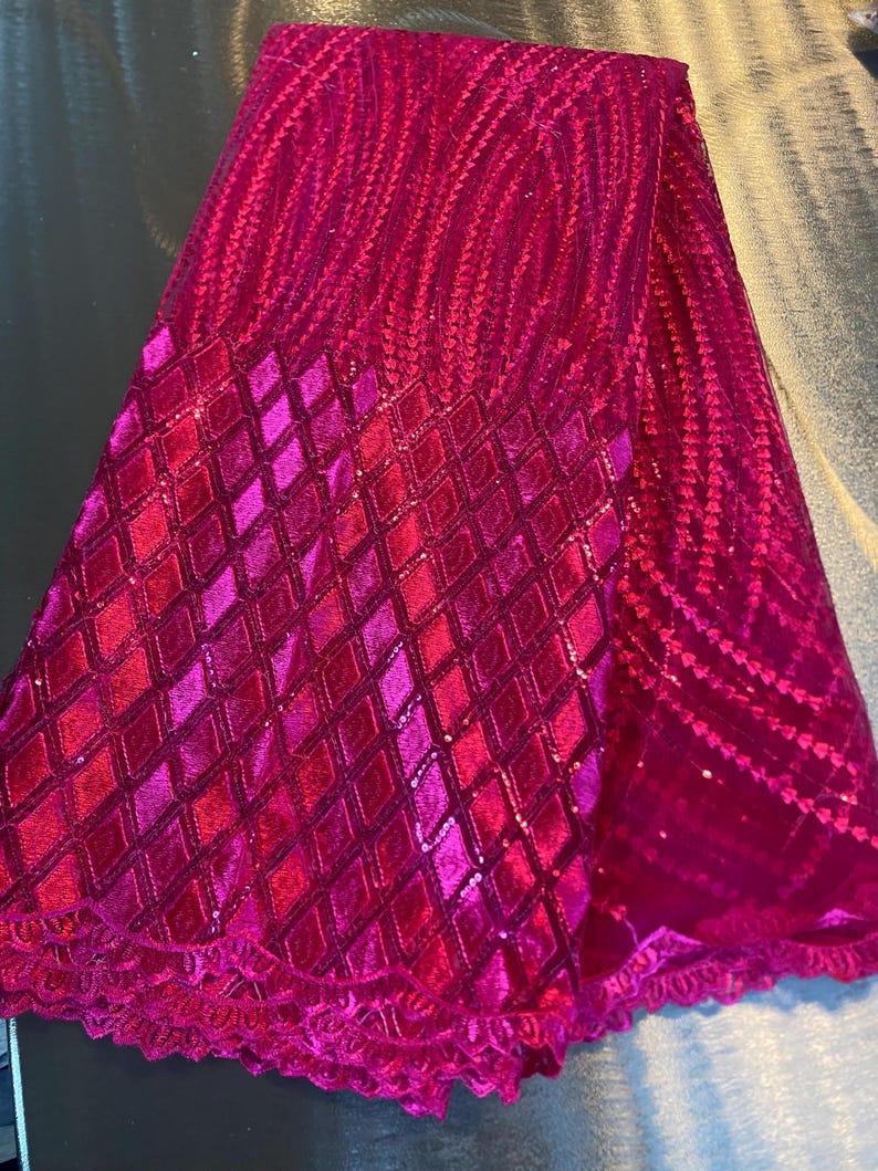 5 Yards African lace Fabric, African lace fabric, Embroidered Pink lace, Nigerian lace, Magenta lace Bild 2