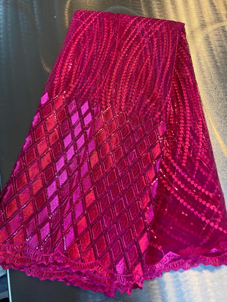 5 Yards African lace Fabric, African lace fabric, Embroidered Pink lace, Nigerian lace, Magenta lace Bild 6