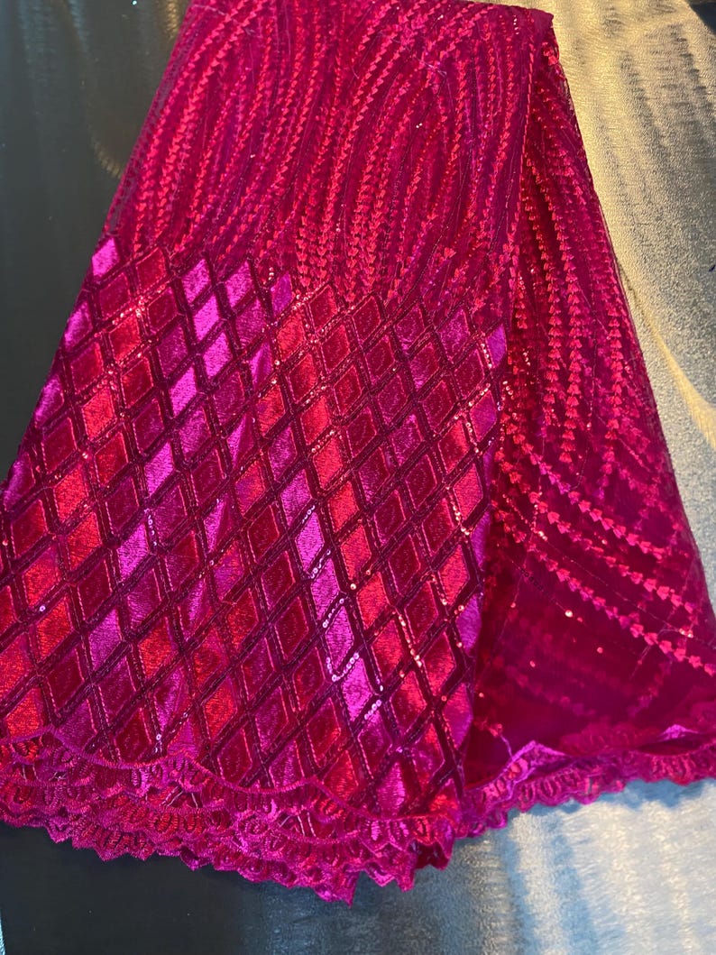 5 Yards African lace Fabric, African lace fabric, Embroidered Pink lace, Nigerian lace, Magenta lace Bild 4