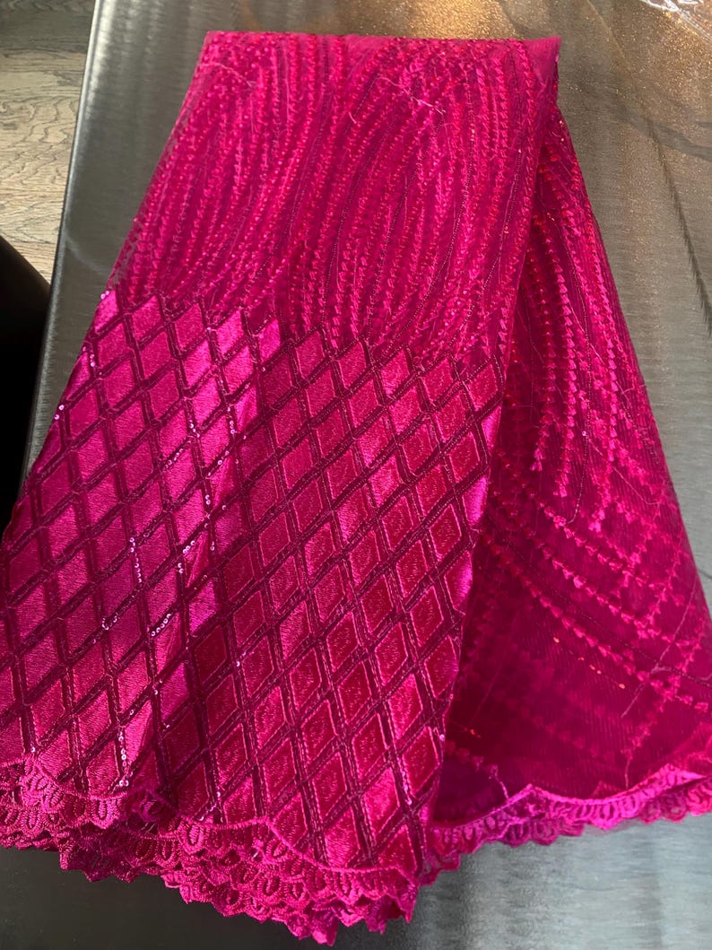 5 Yards African lace Fabric, African lace fabric, Embroidered Pink lace, Nigerian lace, Magenta lace Bild 9