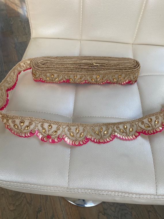 Pink and Gold Embroidered Fabric Trim, Crafting Border, Embroidery
