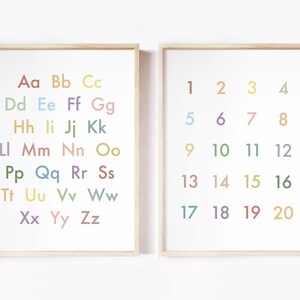 パステル レインボー アルファベットと数字の印刷可能 | 保育園の壁アート | 最小限の数字の ABC ポスター | モダンな 1-20 ABC | 子供部屋の装飾 | 123 ポスター