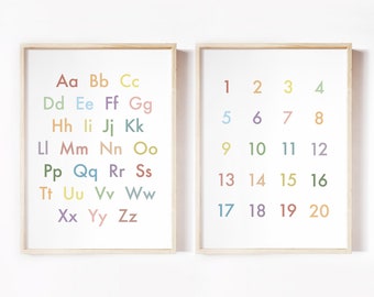 pastel rainbow alphabet & numbers printable | nursery wall art | minimal numbers ABC poster | modern 1-20 ABC | kids room decor | 123 poster