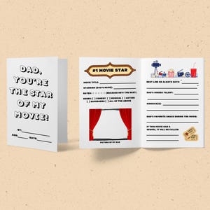 All About Dad Questionnaire - Movie Star Father's Day Fill In Dad Birthday Gift Card from Son Daughter Kids DIY Printable Coloring Activity