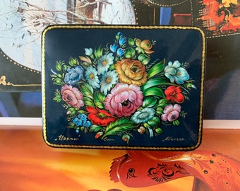 Russian Lacquer Box Flowers Bouquet Signed by Artist Decoupage Hand Made Painted