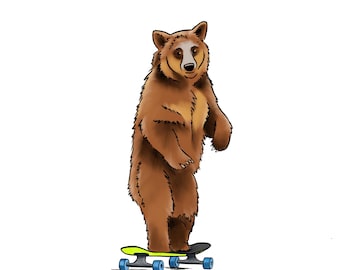 Skateboarding Bear, PNG Digital Download, Fun, Humor, Skating, PNG 6" x 8" 300 dpi.
